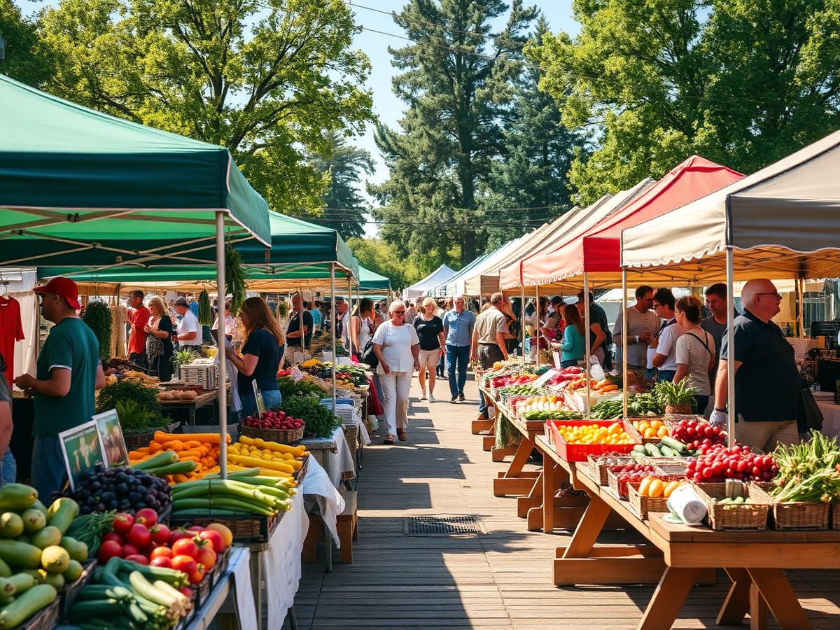 Bustling outdoor farmers market with vendor tents