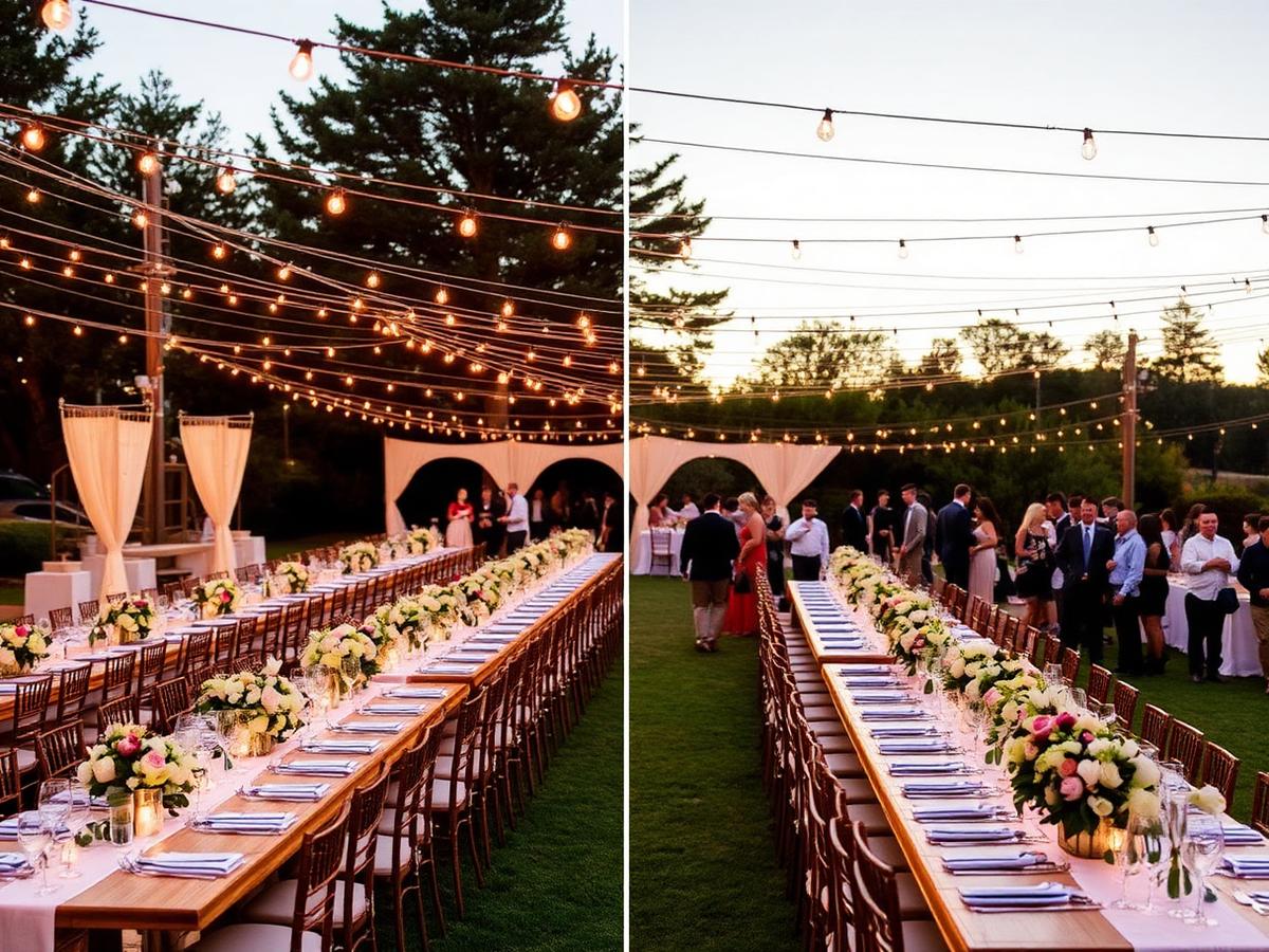 Elegant outdoor wedding reception venue at golden hour