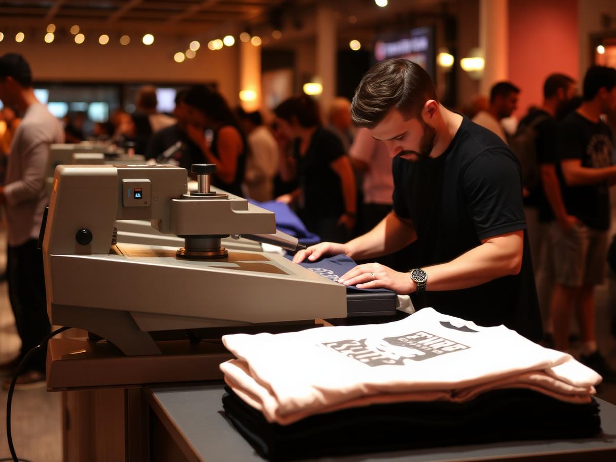 Live heat press station at an event with guests watching